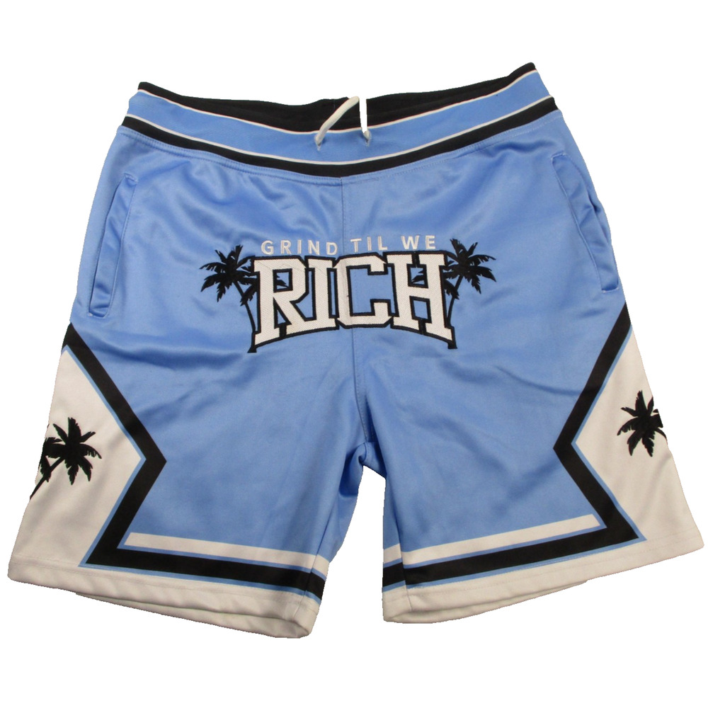 Grind Til We Rich Shorts Mens Small Blue Palm Tree Athletic Drawstring Gym 1229